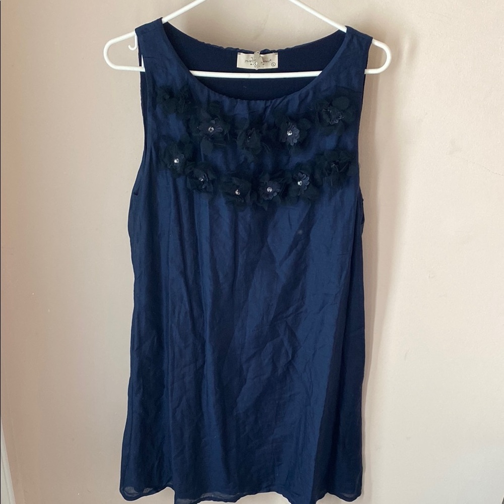 Just for You Navy Cotton Silk Sleeveless Dress with Floral Accents L